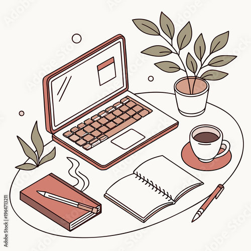 Home office workspace with laptop and coffee on desk notebook