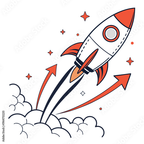 Cartoon rocket ship with orange flames spaceship launch