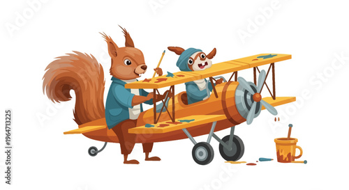 A cheerful squirrel and dog pilot an orange biplane painting and enjoying a drink a whimsical silhouette high quality professional detailed