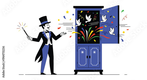 A magician performs a captivating trick revealing doves and colorful bursts from an open cabinet silhouette high quality professional detailed modern