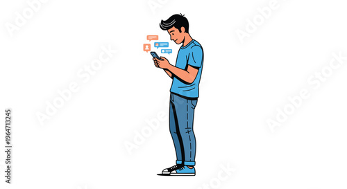 A young man engrossed in his smartphone surrounded by notification bubbles presented in a striking silhouette high quality professional detailed modern