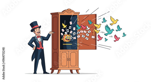 A magician performs a bird trick from an open wardrobe releasing colorful birds into the air silhouette high quality professional