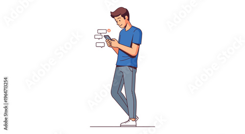 A young man engrossed with his mobile phone surrounded by notification bubbles presented as a silhouette high quality professional detailed modern