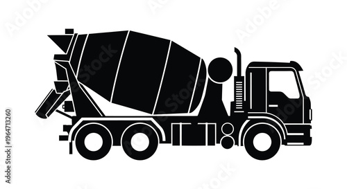 A striking black silhouette depicts a concrete mixer truck showcasing industrial machinery and construction vehicles silhouette high quality professional detailed modern