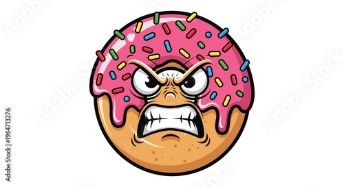 An angry donut with a fierce expression and colorful sprinkles is depicted in a bold silhouette high quality professional detailed modern