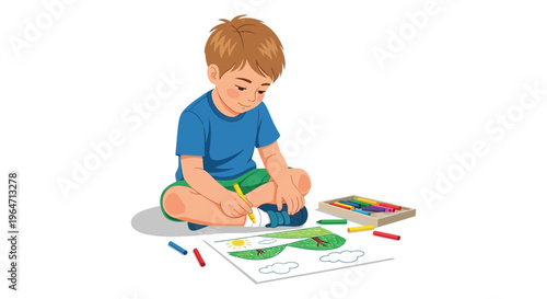 A young boy intently colors a vibrant landscape drawing with crayons showcasing a flat stylistic silhouette high quality professional detailed modern