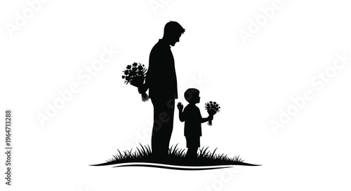 A tender moment between a father and son holding flowers in a grassy field presented as a silhouette high quality professional