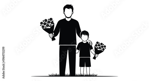 A father and son stand together each holding bouquets of flowers depicted in a striking silhouette high quality professional detailed modern