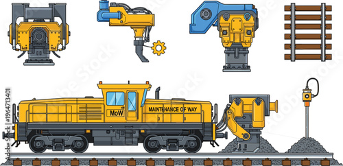 Heavy railroad maintenance machinery vector set with yellow locomotive ballast tamper and track sections for railway infrastructure engineering designs,