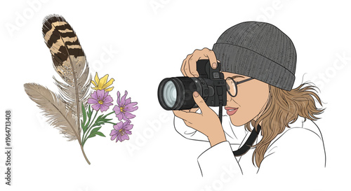 A digital illustration depicts a photographer with a feather and flowers presented as a striking silhouette high quality professional detailed modern