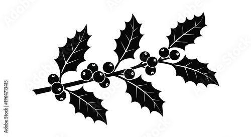 A striking black silhouette depicts a holly branch with leaves and vibrant red berries creating a festive image silhouette high quality