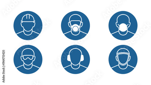 Six blue circular showing safety equipment for head face ears and eyes keywords: protection symbol