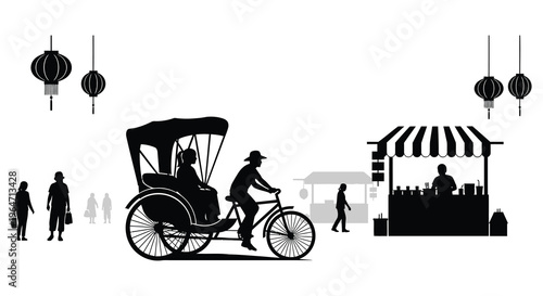 A black silhouette depicts a rickshaw puller with passengers and a market scene under hanging lanterns silhouette high quality professional detailed