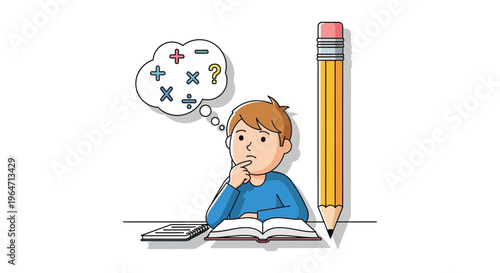 A young boy thoughtfully contemplates mathematical problems and a large pencil depicted in a distinct silhouette high quality professional detailed modern