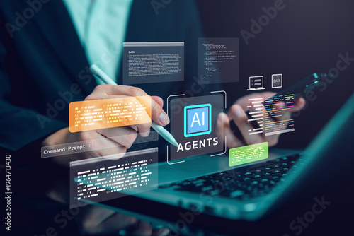 Businessman use stylus and smartphone with AI agents interface and code overlays. Concept of artificial intelligence automation, programming, data processing and digital workflow in modern technology.
