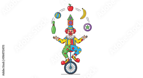 A colorful clown juggles various objects while riding a unicycle showcasing a striking silhouette high quality professional detailed modern elegant stylish