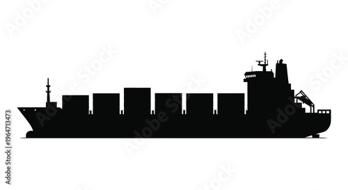 A stark black silhouette of a large container ship at sea displaying its cargo holds and structure silhouette high quality professional