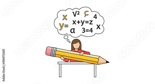 A student contemplates mathematical equations and formulas above her head holding a large pencil silhouette high quality professional detailed modern elegant