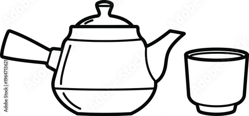 Simple black and white illustration of a teapot and teacup