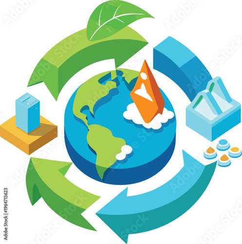Earth with recycling arrows and ecofriendly symbols around it
