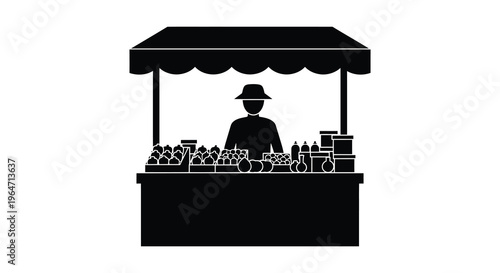 A black silhouette depicts a market vendor standing behind a counter filled with goods a classic silhouette high quality professional detailed