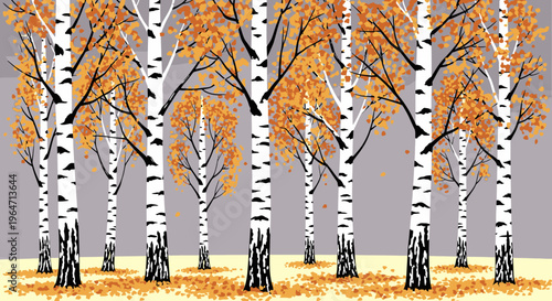 Autumn birch forest with golden foliage in soft morning light, minimalist nature background