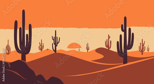 Vibrant desert sunset with towering cacti and warm golden glow