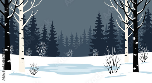 Winter forest landscape with snow-covered ground and frozen pond, bare trees and evergreen pines.