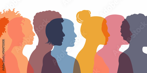 Diverse group of people represented as colorful silhouettes in profile view