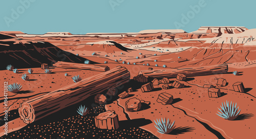 Ancient Petrified Wood Logs Scattered Across Arid Desert Landscape Under Clear Blue Sky