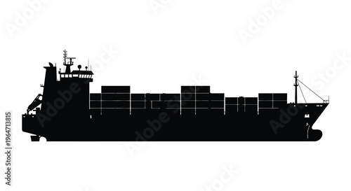 A stark black silhouette of a large container ship loaded with cargo against a clean white background silhouette high quality professional