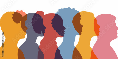 Diverse group of people represented by colorful silhouette profiles facing right