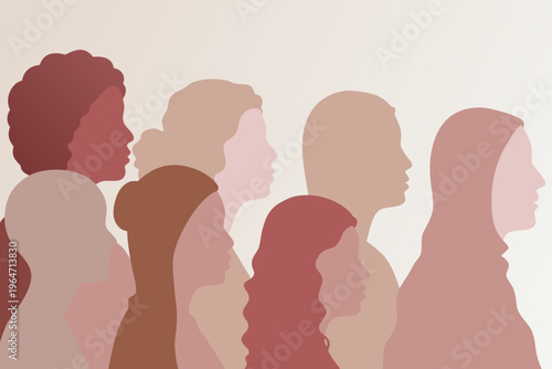 Diverse group of women in profile illustrated in muted earthy tones