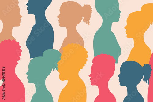 Diverse group of women depicted in colorful silhouette profiles