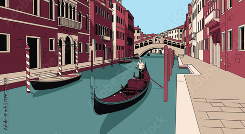 Venetian Canal Gondola Ride with Colorful Buildings and Bridge in Italy