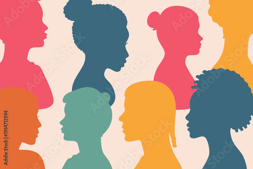 Diverse group of women represented as colorful silhouette profiles