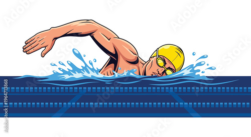 A vibrant illustration depicts a swimmer in mid stroke captured in a dynamic pose presenting a striking silhouette high quality professional detailed