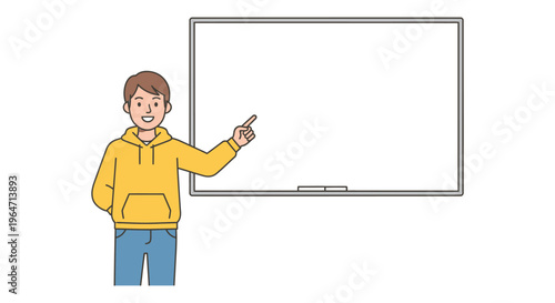 A young man in a yellow hoodie points toward a blank whiteboard presenting information with enthusiasm silhouette high quality professional detailed
