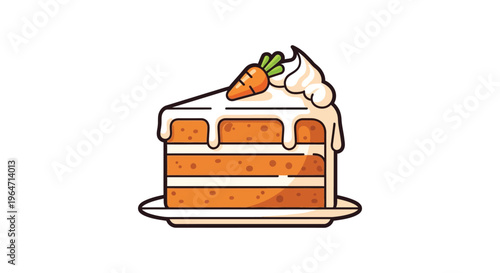 A colorful illustration depicts a single slice of carrot cake with frosting and a carrot garnish silhouette high quality professional detailed