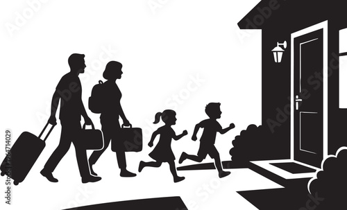 Family with luggage walking towards a house, ready for a vacation journey or a happy homecoming