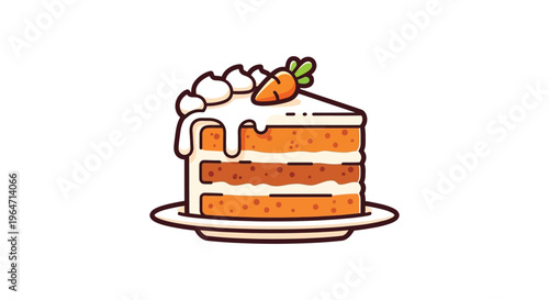 A colorful illustration depicts a single slice of carrot cake with white frosting and a carrot topping silhouette high quality professional