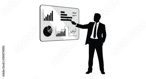 A businessman in a suit presents data analysis with charts and graphs depicted as a striking silhouette high quality professional detailed