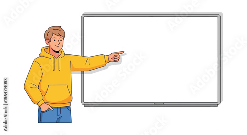A young man in a yellow hoodie points towards a blank whiteboard presenting information or ideas silhouette high quality professional detailed