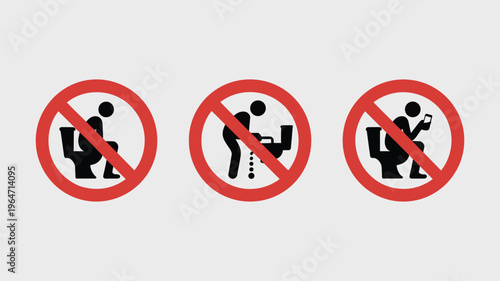 Three keywords: black prohibition signs showing people on toilet using phone squatting and urinating