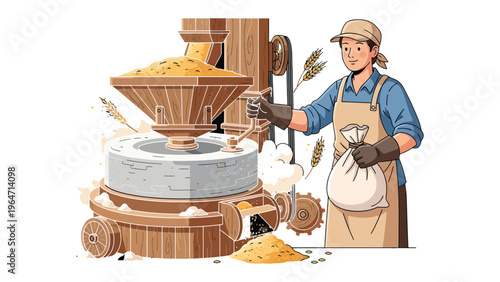 Harvest's Grind: A mill worker meticulously operates an antique grinding machine, transforming golden grains into flour while embodying the essence of labor and tradition.