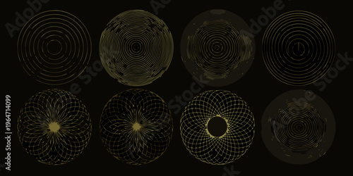 Eight golden elliptical shapes with concentric circles on a black background