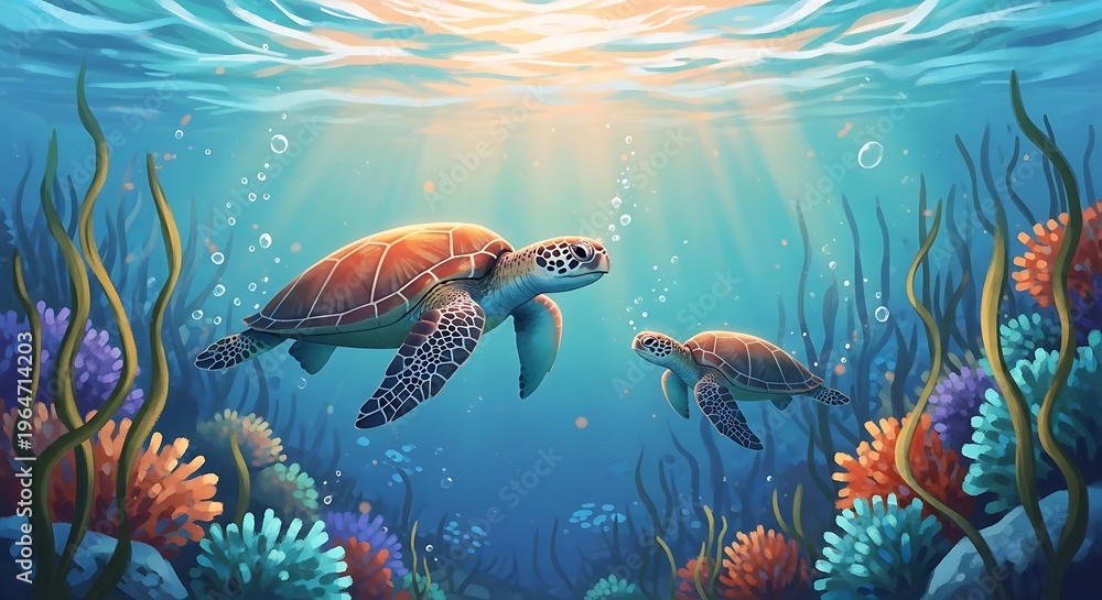 Fototapeta premium Celebrating world oceans day with sea turtles in their natural habitat