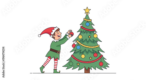 An elf cheerfully decorates a vibrant christmas tree with colorful ornaments displaying a charming silhouette high quality professional detailed modern elegant