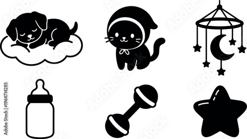 Black and white baby icons puppy sleeping kitten rattle and bottle