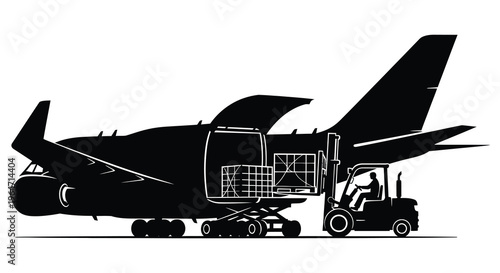 A black silhouette depicts a large cargo plane being loaded by a forklift showcasing logistical operations silhouette high quality professional detailed